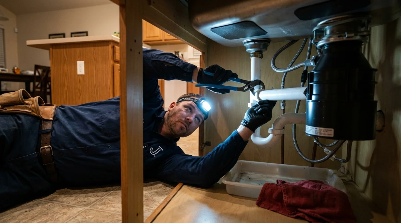 P-trap and supply line connections under a kitchen sink showing a common leak point in Eagle Lake, FL